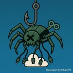 悪性ボットを蜘蛛に見立て、それを釣り上げるという、このサイトを一枚のイラストで表したものをChatGPTに作ってもらった画像です。